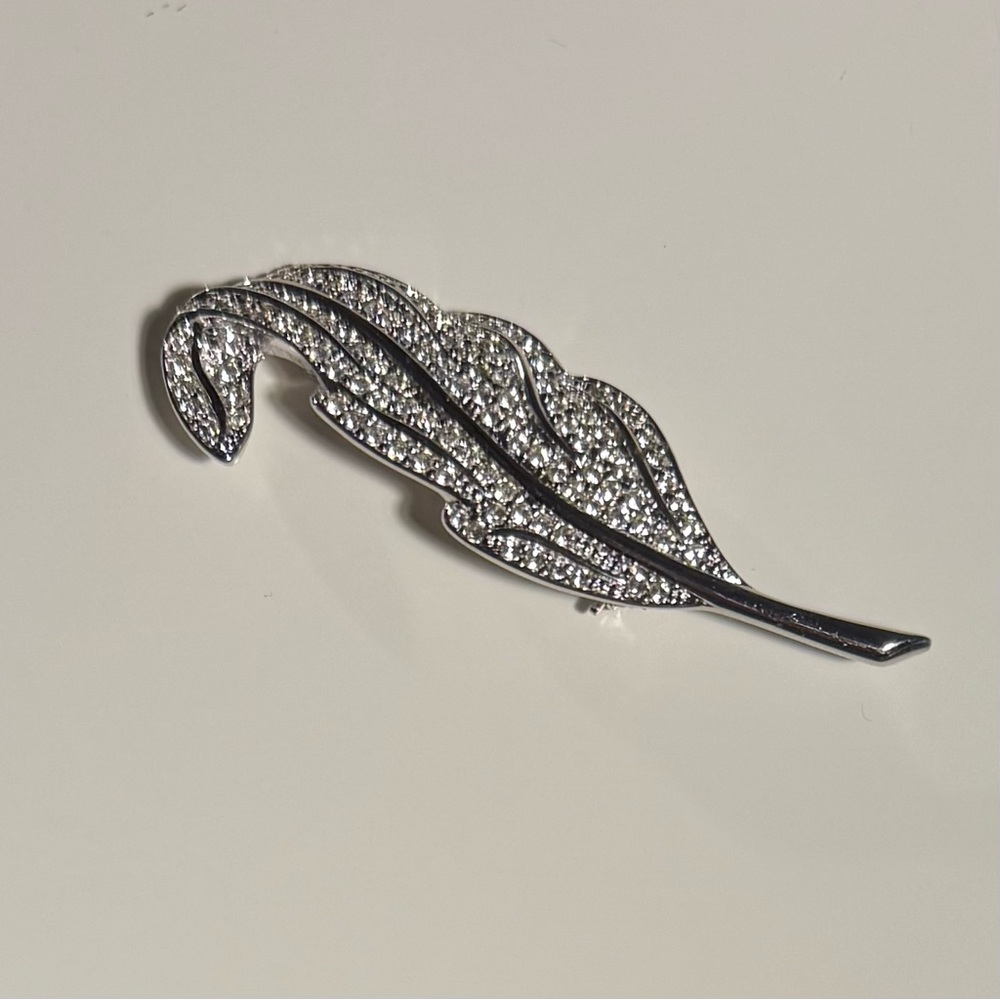 Vintage CHRISTIAN DIOR Silver Leaf Brooch Embellished with Crystal Rhinestones